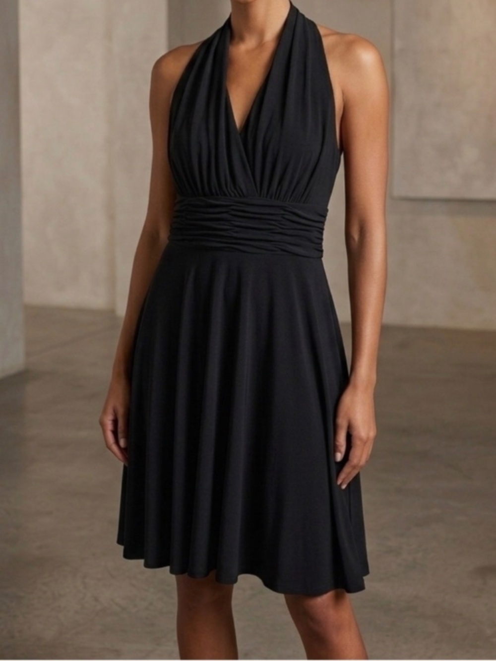 Evan Picone 20W Black Ruched Waist V-Neck Midi Dress